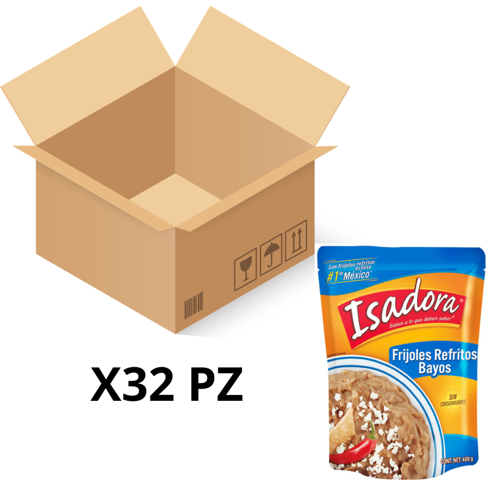 Caja de 32 piezas de 400GR c/u Frijoles Bayos Refritos Isadora