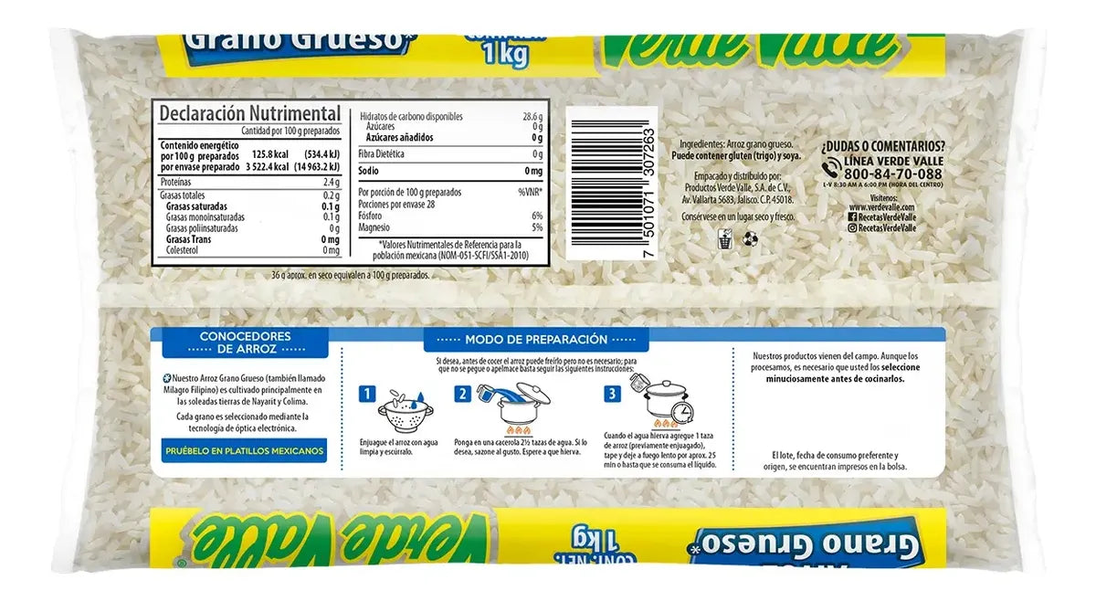 Caja de 20 piezas de 900GR c/u Arroz Morelos Verde Valle