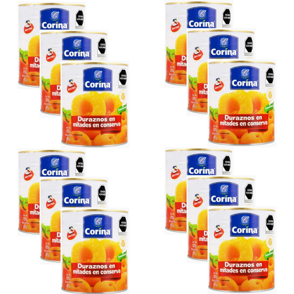 Caja de 12 Piezas de 820GR c/u de Duraznos Mitades Corina