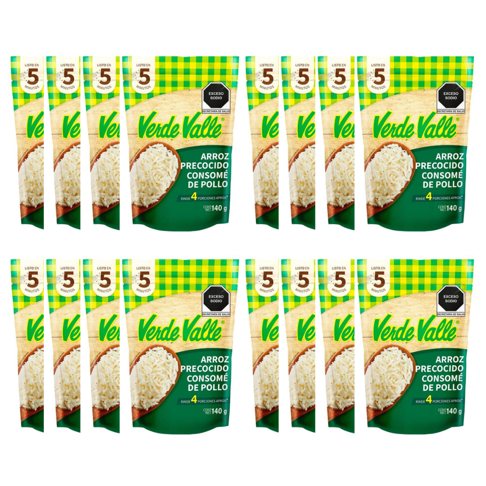 Caja de 16 piezas de 140GR c/u Arroz Banco Precocido Verde Valle
