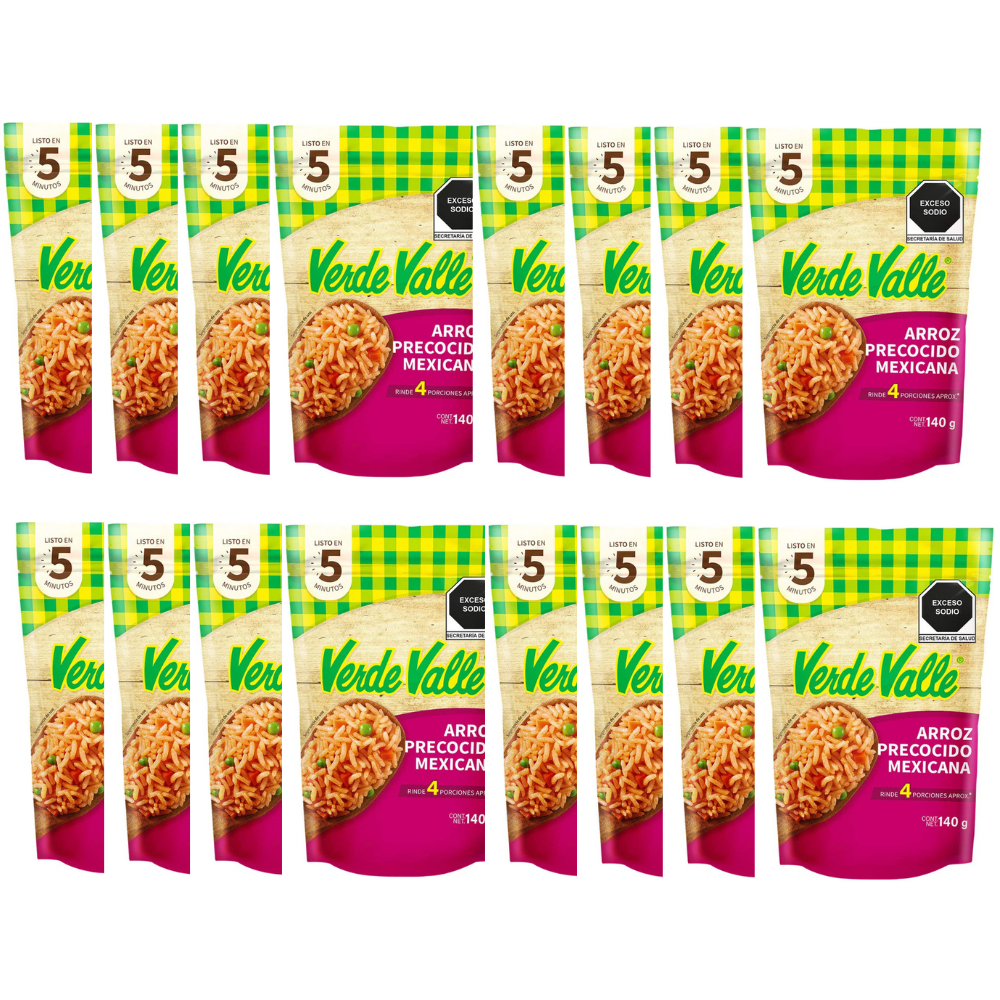 Caja de 16 piezas de 140GR c/u Arroz Mexicana Precocido Verde Valle