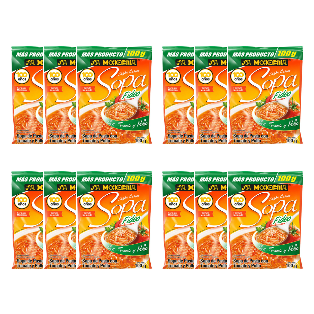 Caja de 12 Piezas de 100 GR c/u La Moderna Instantanea Fideo Tomate