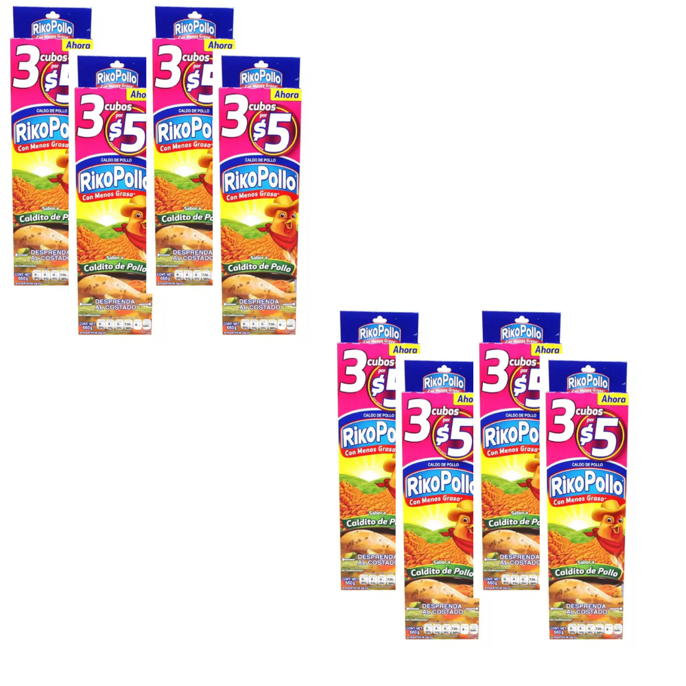 Caja de 8 Exibidores de 20 Piezas de 33GR c/u de RikoPollo Caldo de Pollo