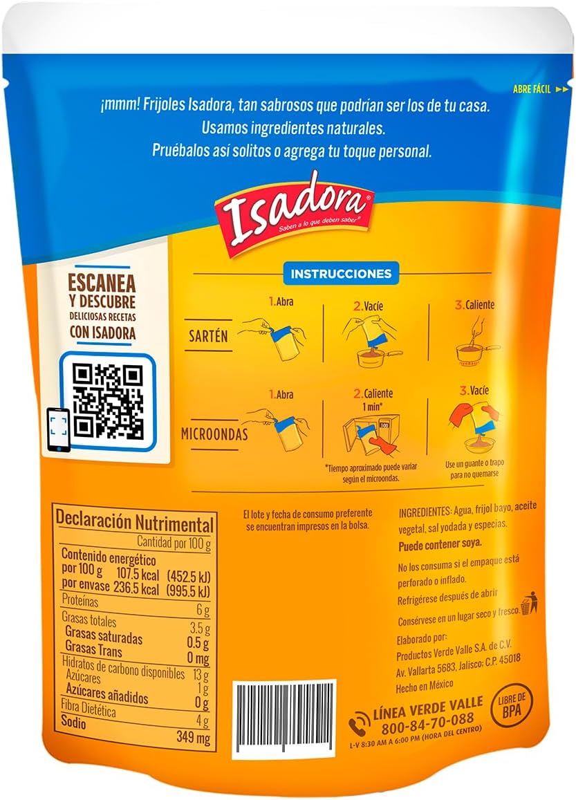Caja de 32 piezas de 400GR c/u Frijoles Bayos Refritos Isadora