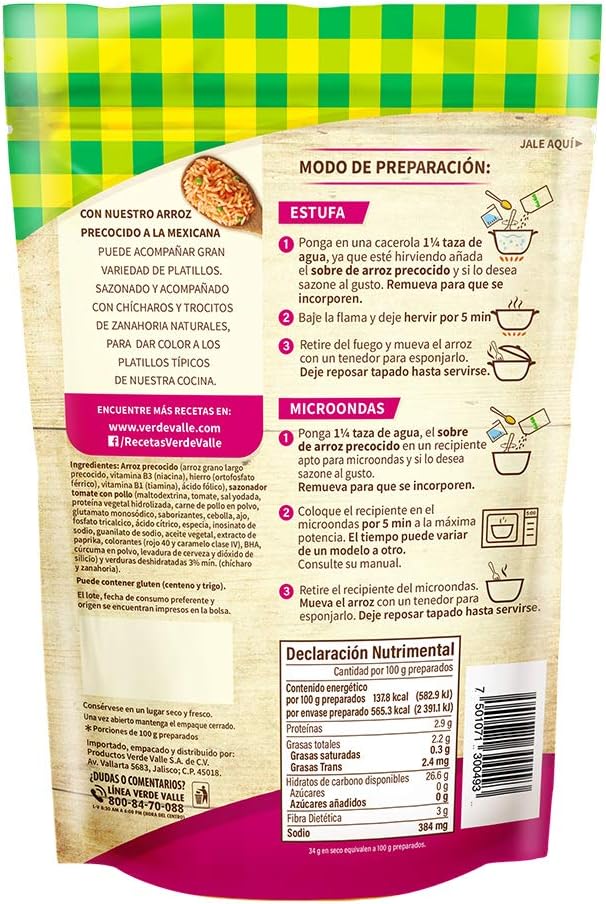 Caja de 16 piezas de 140GR c/u Arroz Mexicana Precocido Verde Valle