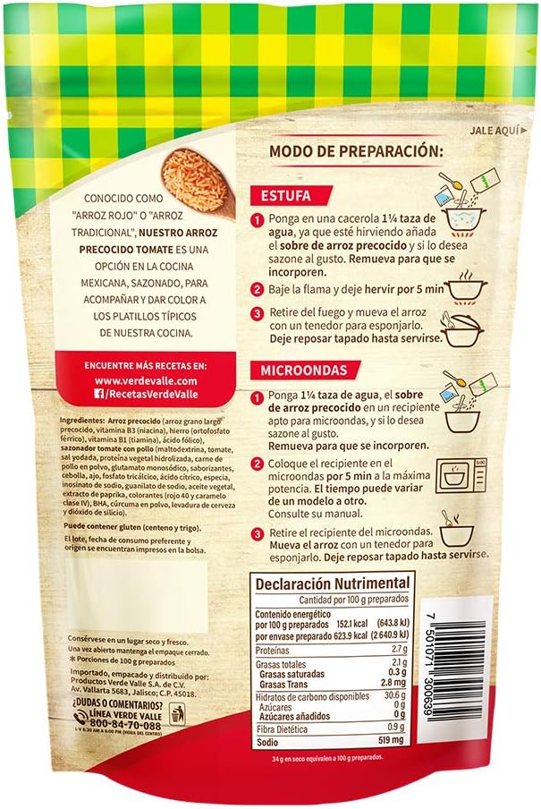 Caja de 16 piezas de 140GR c/u Arroz Tomate Precocido Verde Valle