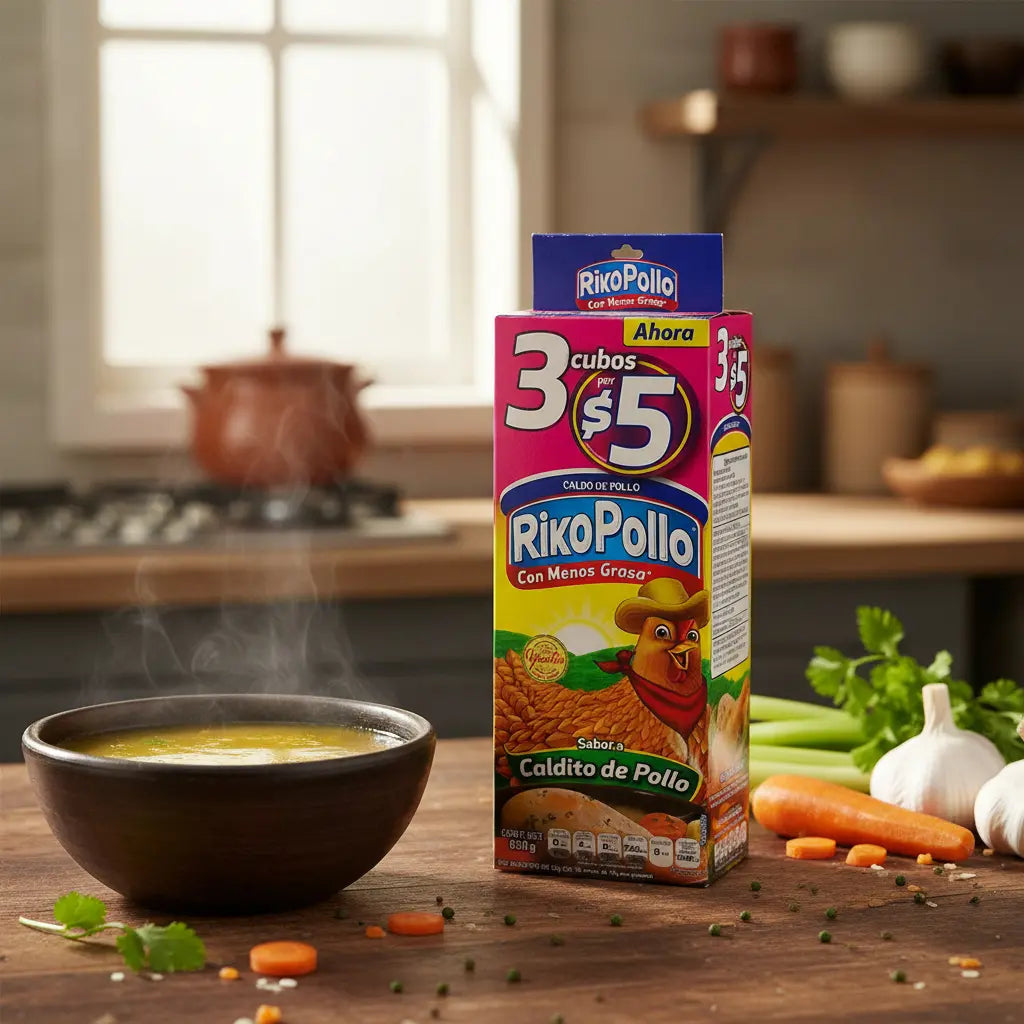 Caja de 8 Exibidores de 20 Piezas de 33GR c/u de RikoPollo Caldo de Pollo